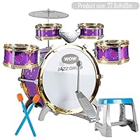 TKI-S 10 Piece Kids Jazz Drum Set - 5 Drums, Cymbal, Chair, Foot Pedal, 2 Drumsticks, Stool - Professional Drum Kit to Stimulating Children