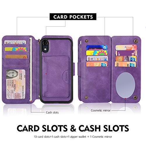 iPhone Wallet Case for XR, CORNMI Zipper PU Leather Purple Wallet Case Cover Credit Card Holder Slot Cases with Kickstand Flip Folio Cover for iPhone XR 6.1" - Thumbnail 6