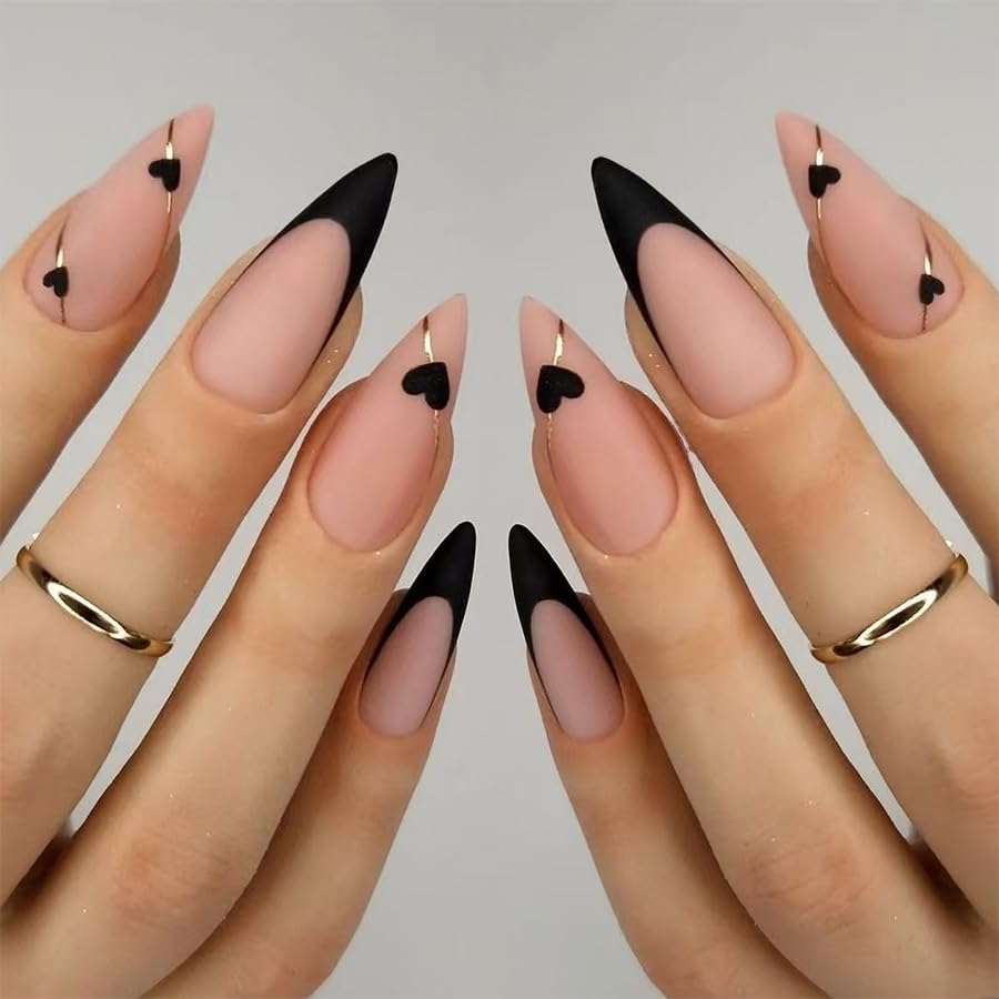 2 Packs 48Pcs Almond Press on Nails Medium Valentine's Day Fake Nails Red Black French Tip Nails Press on Heart Love False Nails Reusable Artificial Acrylic Nails for Women Girls Nails Decoration Kit - Image 5