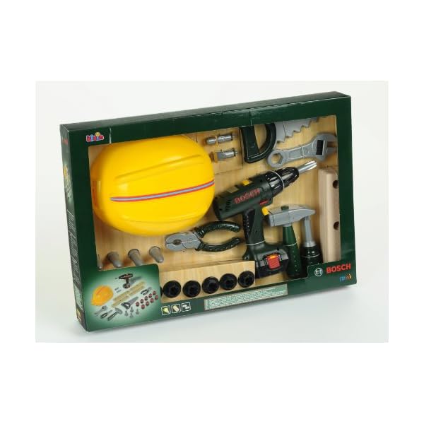 Theo Klein 8418 Bosch Handwerker-Set, 37-teilig I Kinder-Akkuschrauber mit Licht & Sound I Werkzeug und Werkbank- Zubehör wie Hammer, Säge, Bauarbeiter-Helm u.v.m. I Spielzeug für Kinder ab 3 Jahren