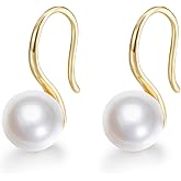 Mameloly Pearl Earrings for Women S925 Sterling Silver Dangle 14K Gold Plated Simulated White Pearl Drop Earrings for Women Cute Jewelry