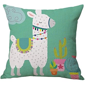 Geepro 18 inch Llama Cactus Decorative Throw Pillow Covers Linen Cotton Animal Print Cushion Cover (Teal)