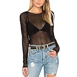 May&Maya Women's Long Sleeve Pure Mesh Blouse (M, Black)