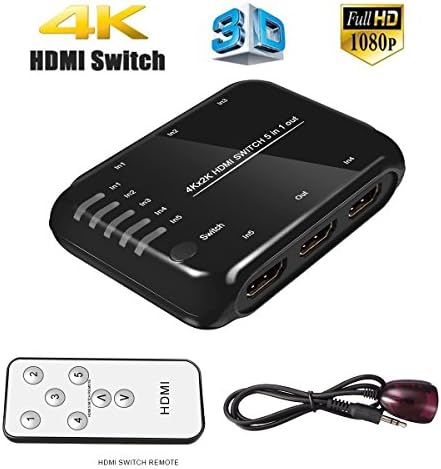 4K 5-Port HDMI Switcher, EPOLLO 5 In 1 Out HDMI Input Splitter Ultra HD HDMI Switch with IR Wireless Remote & AC Adapter, Support Full 3D 4K x 2K for DVD, HDTVs, Projectors, PS3, PS4, PC Ect
