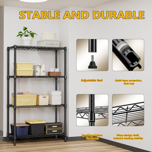 M MZG Metal Shelving Unit with 4 Levels, Load Capacity of 454 kg, Adjustable Shelves for Garage, Storage, Laundry and Kitchen, Study, Black, 35 x 90 x 151 cm