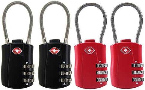 Newtion TSA Approved Security Padlocks Cable 4 x 3-Digit Combination Password Locks Travel Suitcase Bag Code Lock in 2 Colors (Black&amp;Red2)