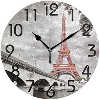 Naanle 3D Stylish Eiffel Tower Paris in Monochrome Style Round Wall Clock Decorative, 9.5 Inch Battery Operated Quartz Analog Quiet Desk Clock for Home,Office,School