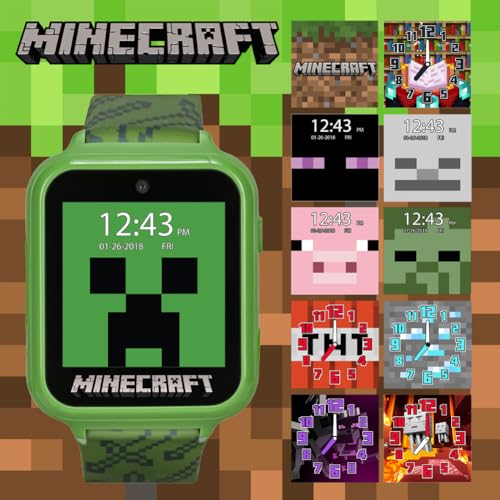 Minecraft Kids LED Smartwatch with 10 Creeper and Mob Watch Faces, Step Counter, Selfie Camera, Video Recorder, Voice Recorder, Timer, Fun Games, Calculator, and Wallpapers – Fits Wrists 5.5