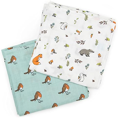 Organic Cotton Muslin Swaddle Blankets, X-Large, Woodland Friends Collection, Set of 2 (Little Robin + Into the Woods)