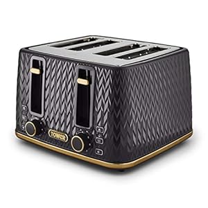 Tower T20061BLK Empire 4-Slice Toaster with Defrost/Reheat, Removable Crumb Trays, 1600W, Black and Brass