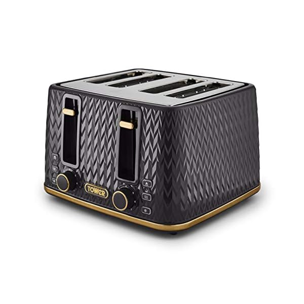 Tower T20061BLK Empire 4-Slice Toaster with Defrost/Reheat, Removable Crumb Trays, 1600W, Black and Brass
