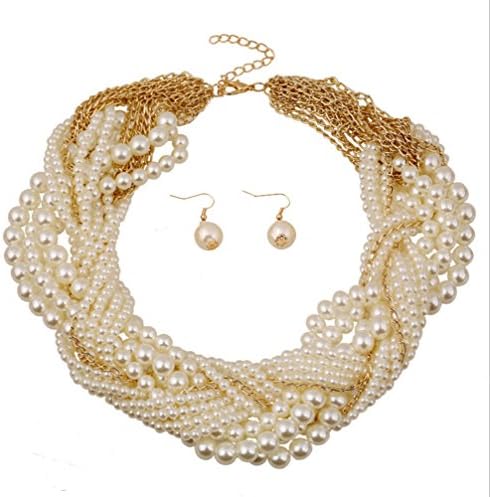 Adorable Woman Women's Exaggerated Multilayers Pearls Twisted Necklace with Earrings Chunky Jewelry Set