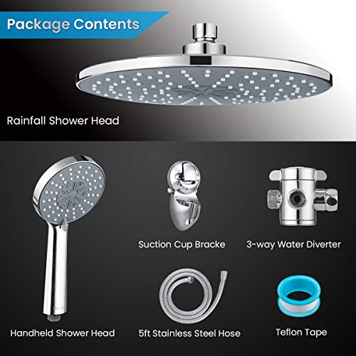 Shower Head Combo, Baban 9" Adjustable High Pressure Rainfall Showerhead & 5 Settings Handheld Shower Head Combo with Strong Suction Cup Holder/ 3-Way Water Diverter/ 1.5M Stainless Steel Hose