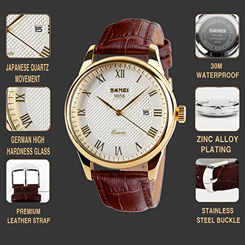 Mens Quartz Watch, Roman Numeral Business Casual Fashion Analog Wrist Watch Classic Calendar Date Window, Waterproof 30M Water Resistant Comfortable PU Leather Watches (Gold) - Thumbnail 5