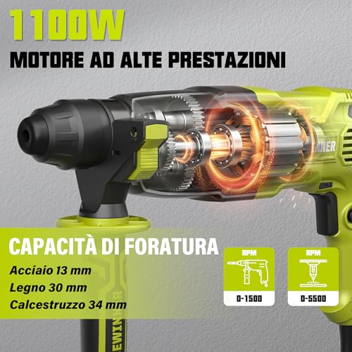 DEWINNER Hammer Punch 1100 W 3.4 J, 0-1500 RPM/5500 BPM with 4 Functions and Safety Clutch, 20 Accessories Including Concrete Hole Saws, Variable Speed, Concrete, Steel, Wood