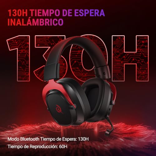 QCY Heroad VT200 Cascos Gaming Inalámbricos para PC/Ps5/Ps4/Switch/Mobile, 7.1 Sonido Envolvente, Auriculares Gaming con 2.4 GHz+Bluetooth 6.0, Duración 130H, Drivers 53mm, RGB -Rojo Negro