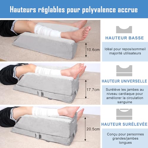 Leg Raise Cushions, Adjustable in 4 Heights, Ideal for After Surgery, Injuries or Relaxation, Orthopaedic Memory Foam, with 3 Handles and a Removable Insert, Washable Velvet Cover