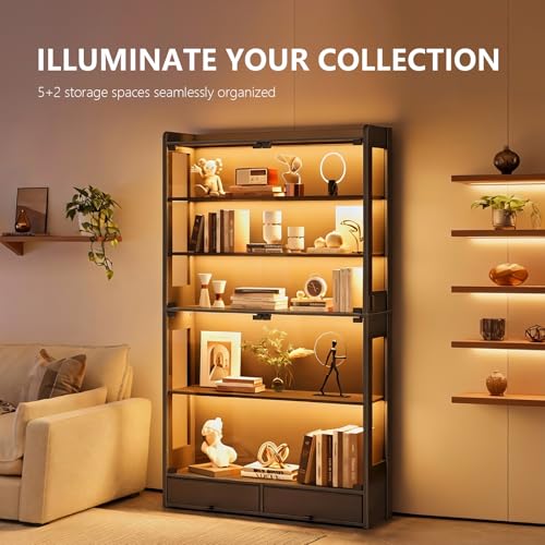 ROCHECASA Display Cabinet with Glass Door 69''H, 6-Tier Display Case for Collectibles with LED Lights and Drawers, Showcase, Freestanding Curio Cabinet, Tall Storage Shelves, Black, DC001-BK100