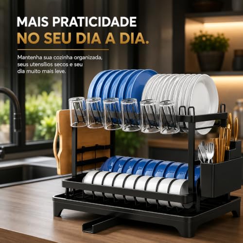 Escorredor de Louça Completo em Aço Carbono Organizador Escorredor de Pratos, Suporte para Talheres, Copos, Tábuas, Facas e Bandeja de Drenagem de Água Premium
