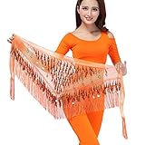 ZLTdream Belly Dance Tassels Triangle Hip Scarf With Coins Sequins Orange