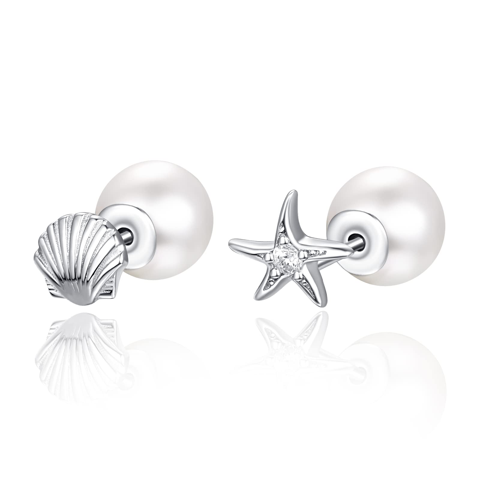 KINGWHYTE Women Pearl Earrings 925 Sterling Silver Seashell Starfish Stud Earrings Pearl Jewelry Gift for Women Girls Friends — image 1