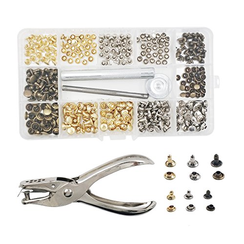Gnognauq 240 Set 2 Sizes Leather Rivets Double Cap Rivet Tubular Metal Studs with 3 Pieces Setting Tool Kit and Punch Pliers for Leather Craft, Rivets Replacement,3 Colors - Thumbnail 5