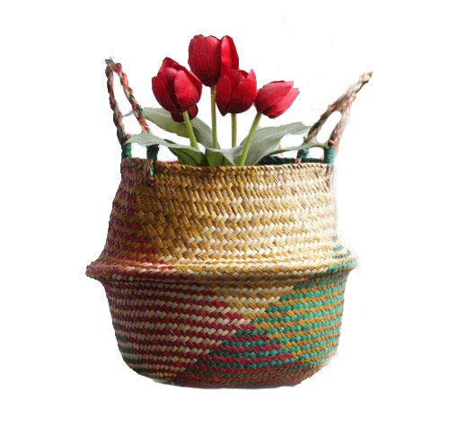 Natural Seagrass Basket - GOODCHANCEUK Belly Basket Handmade Planter Seagrass Seagrass Basket With Handle Laundry Toys Basket Red&Green Style#1 32CMx28CM โ image 1