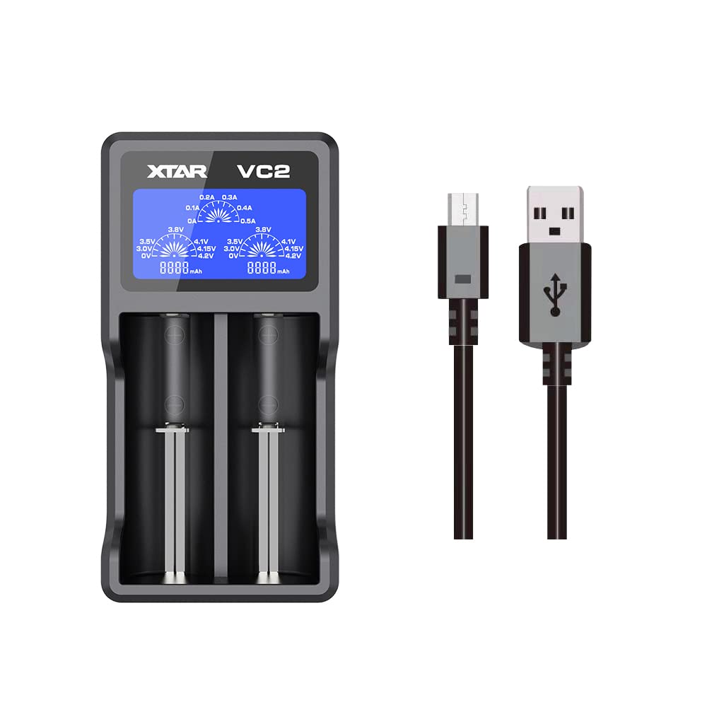 XTAR VC2 Premium USB Charger w/LCD Screen for 3.6V/3.7V Li-ion/IMR/INR/ICR 10440 14500 14650 16340 17335 17500 17670 18350 18490 18500 18650 18700 20700 21700 22650 25500 26650 Li-ion Battery Charger