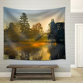 Autumn Sunrise at a Lake, Sun is Shining Through Trees and Morning Fog - Fabric Wall Tapestry Home Decor - 51x60 inches