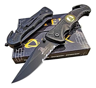 TEK Tactical Edge Knives: Spring Assisted Opening DON'T TREAD ON ME Folding Rescue Blade Pocket Knife - Black Aluminum Handles - Seat Belt Cutter - Glass Window Breaker - NEW
