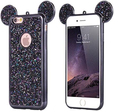 Luxury Glitter Bling Ears Soft Case Cover for iPhone 5 5s SE 6 6S 7 7plus 8 8plus X Xs Max Samsung Diamond Character Drop Protection Cover [TPU Case] (Black, iPhone Xr)