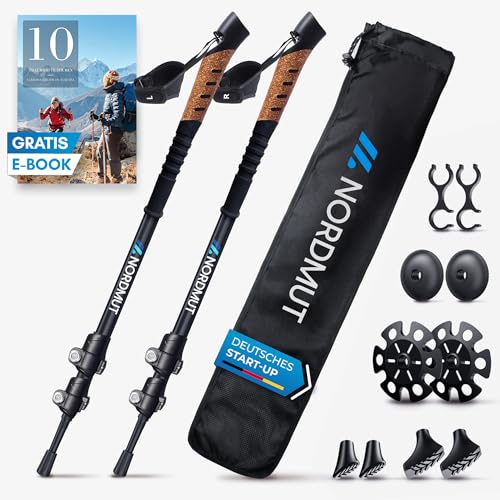 NORDMUT® Wanderstöcke Teleskop aus stabilen Aluminium oder Carbon - Leichte Nordic Walking Stöcke Damen und Herren - Komfortable Korkgriffe mit Eva-Sc