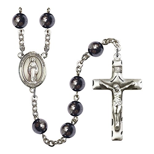Virgin of the Globe Silver-Plated Rosary 8mm Hematite Beads Crucifix Size 1 3/4 x 1 medal charm
