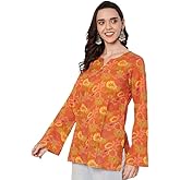 HION HILS Short Cotton Kurti for Women, Short Tunic Tops on Jeans, V-Neck, Long Bell Sleeves, Floral Design