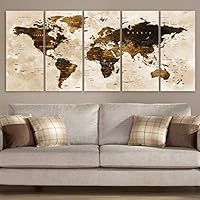 Original by BoxColors Xlarge 30"x 70" 5 Panels 30x14 Ea Art Canvas Print Watercolor Brown Map World Push Pin Travel Wall decor Home (framed 1.5" depth) M1801