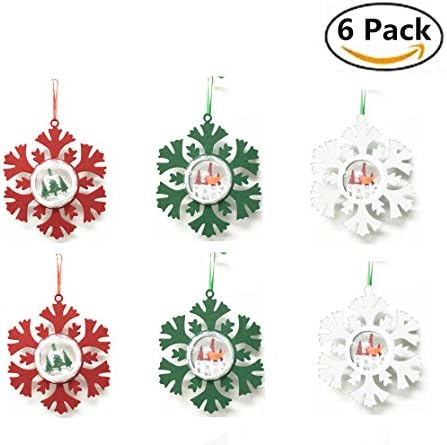 Festive Shop 6 Piece of 6" Christmas Ornament Snowflake with Snow Globe Christmas Tree Decoration Red Green and White, Xmas Tree Hanging Decoration