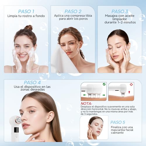 Succionador de Puntos Negros Extractor Limpiador de Poros Limpiador Puntos Negros con Calor - 3 Modos 5 Boquillas Eléctrico Quitar Puntos Negros Nariz Aceites y Espinillas Facial Hogar | Limpieza Facial y Nasal Kit de Espinillas para Eliminar Comedones y Acné Graso,Blackhead remover pore vacuum