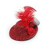 Flower Accent Red Glittery Flannel Mini Top Hat w Alligator Hairclip