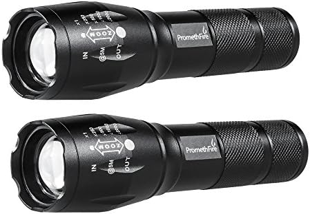 Tactical Flashlight 2 Pack - Tac Light Torch Flashlight - XML T6 - Brightest LED Flashlight with 5 Modes - Adjustable Waterproof Military Grade Flashlight for Biking Camping by PromethFire