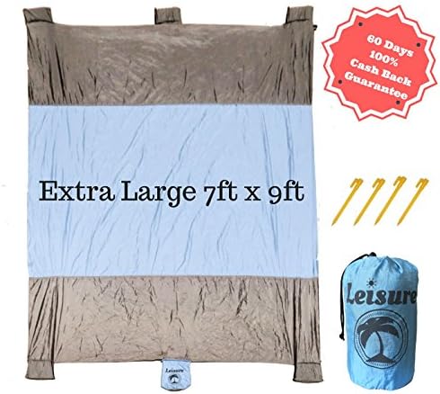 LeisureSport 7 ft x 9 ft Picnic Blanket Sand Proof Lightweight Extra Large Soft Quick Drying and Durable Parachute Nylon come with 4 stakes Great for Family Outdoor Hiking Camping (Sky Blue/Gray)