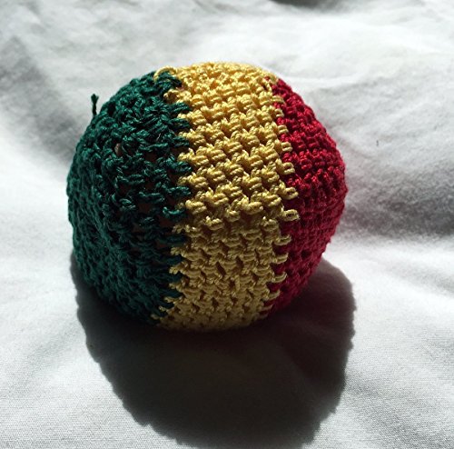 Red Yellow and Green Striped Hand Crocheted Footbag 7x7 Inch