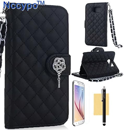 Nccypo Slim PU Leather Wallet Case with Stylus and Screen Protector for Samsung Galaxy S6 - Black