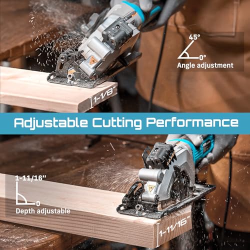 Seesii Mini Circular Saw with Laser Guide, 4.8A 4000RPM Compact Corded Circular Saw, 3 Pcs 4-1/2" Blades for Wood, Soft Metal, Tile, Plastic, 0-45° Bevel, Max Depth 1-11/16" at 90° and 1-1/8"at 45°