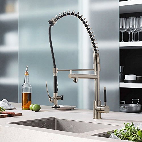 Luxice Commercial Solid Brass Single Handle High-Arc Deck Mounted Pull Down Kitchen Faucet Stainless Steel, Brushed Nickel Faucet with Special Spout Mixer Tap