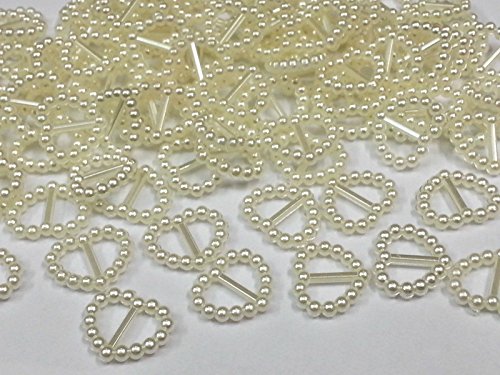 CraftbuddyUS 100 Cream Acrylic Heart Ribbon Slider Buckles for Wedding Invitations, Card Craft