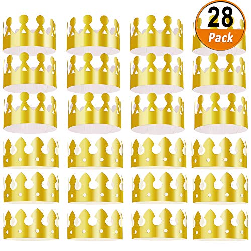 Aniann 28 Pack Gold Paper Crown Gold Foil Party Crown Hat Cap for Birthday Celebration Baby Shower Photo Props (2 Styles)