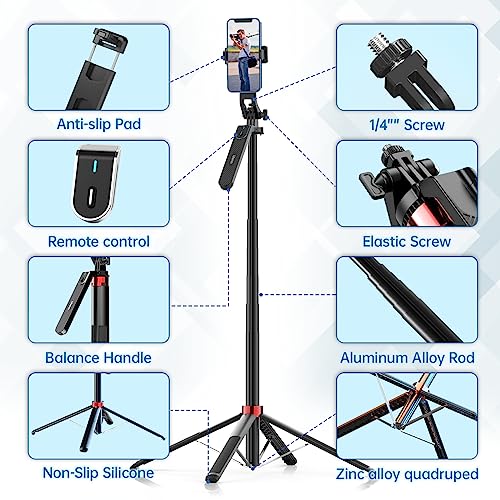ULANZI MA09 Extendable Phone Tripod, 71" Selfie Stick Phone Vlog Tripod Stand Quadrapod with All in 1 Phone Clip, Travel Tripod Phone Holder with Rechargeable Remote