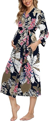 XPENYO WOMEN’S MATERNITY SLEEPWEAR ROBES LONG BATHROBE PREGNANCY LOUNGEWEAR LABOR/DELIVERY/NURSING/HOSPITAL NIGHTGOWN, BIG LEAF PINK FLORAL S