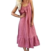 chouyatou Women's Cotton Linen Spaghetti Strap Beach Dress Casual Loose A-Line Midi Long Sundress