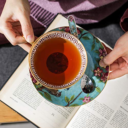 Panbado 3 Piece Bone China Tea Cup Saucer Set with Spoon Porcelain Gold Rimmed Teacup Coffee, Flower and Birds, 200 mL/6.8 oz, Blue, Cup & Saucer